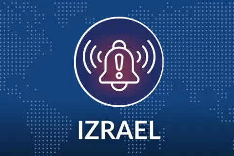 Ikona dzwonka alarmowego z wykrzyknikiem na tle mapy świata i napisem IZRAEL.