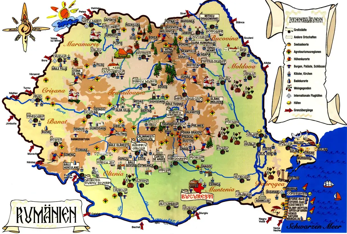 Mapa Rumunii z zaznaczonymi regionami turystycznymi