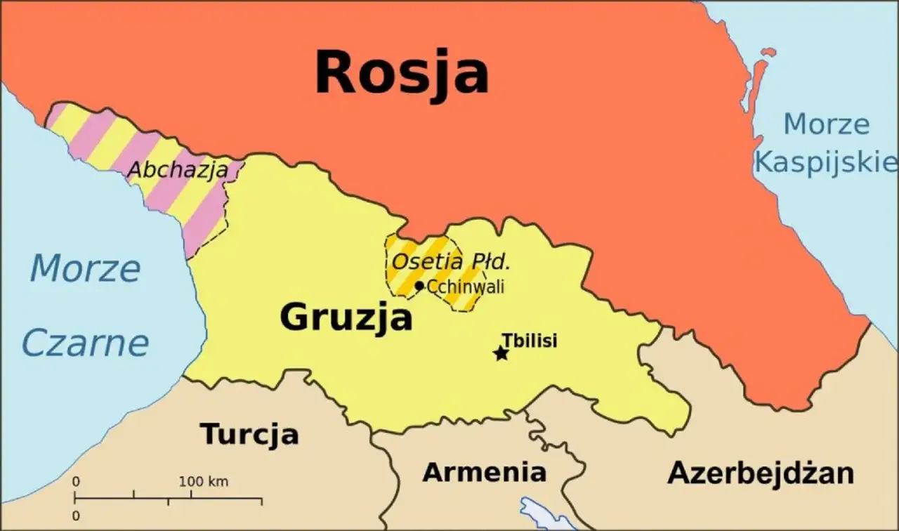 Mapa Gruzji z zaznaczonymi regionami Abchazji i Osetii Południowej