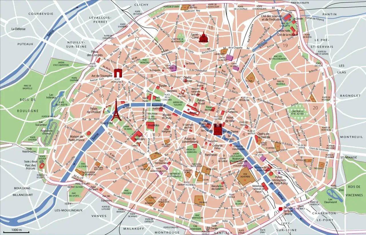 Mapa Paryża z zaznaczonymi dzielnicami i atrakcjami turystycznymi