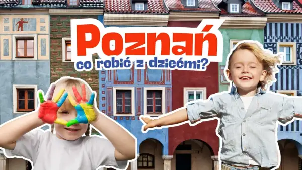 Dzieci z kolorowymi dłońmi i chłopiec na tle kolorowych kamienic w Poznaniu.
